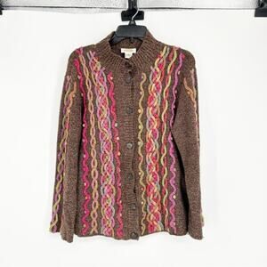Vintage Talbots Brown Wool Blend Art to Wear Button Front Yarn Cardigan Size XL